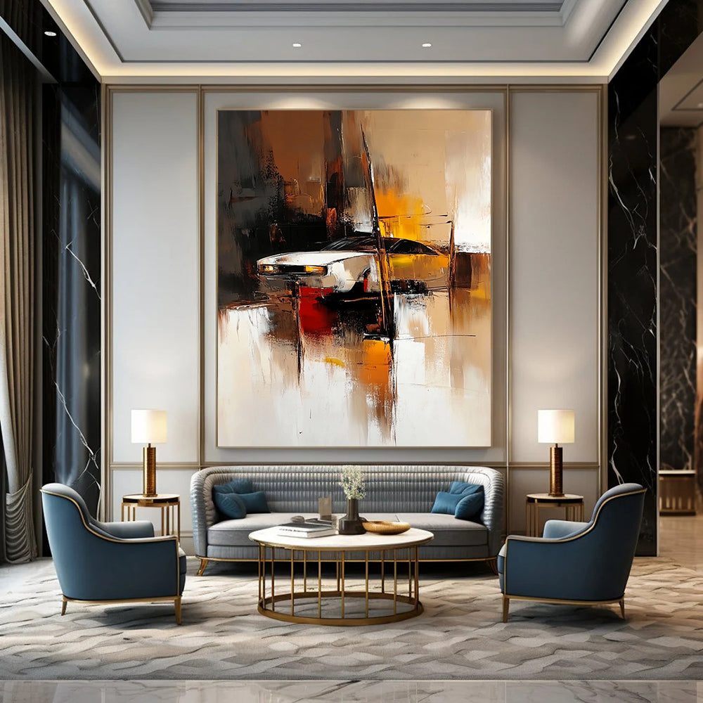 Contemporary abstract painting featuring blurred shapes in light brown dark amber and dark white creating an industrial design with soft edges and vibrant tones. DLZ0590