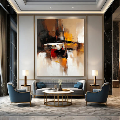 Contemporary abstract painting featuring blurred shapes in light brown dark amber and dark white creating an industrial design with soft edges and vibrant tones. DLZ0590