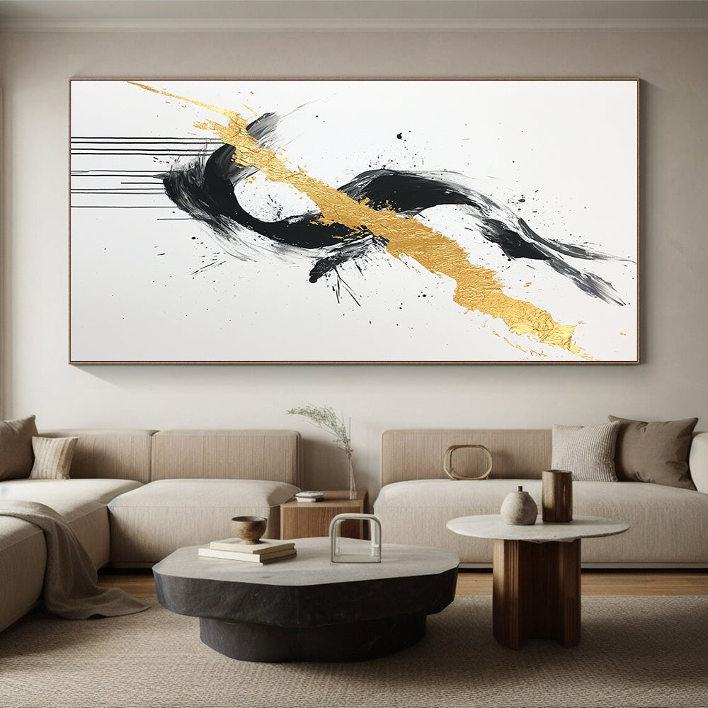 Black, White, Gold, Gray, Intertwined Strokes "Gilded Fusion" Abstract Expressionist Painting On Canvas HB099