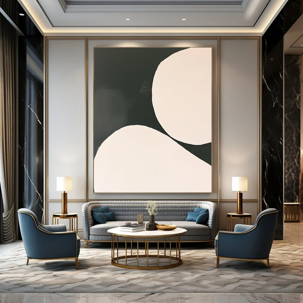 Contemporary abstract painting featuring white circles on a black background in a minimalist style inspired by Tarsila do Amaral. DLZ1753