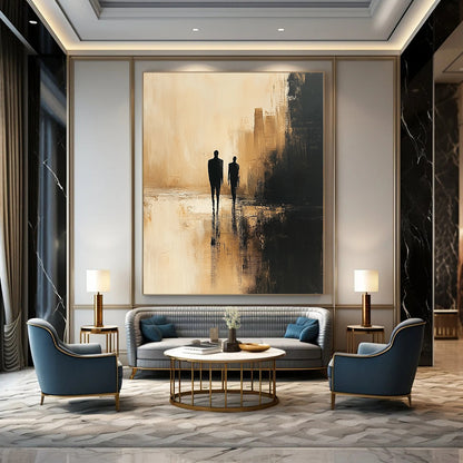 Contemporary abstract painting featuring minimalist human figures in dark beige and black against a blurred cityscape with textured canvas and soft lighting. DLZ0556