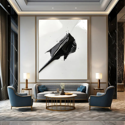 Contemporary abstract art featuring a black paint spread resembling a shark's fin on a white background capturing intricate details with a macro lens effect. DLZ1556