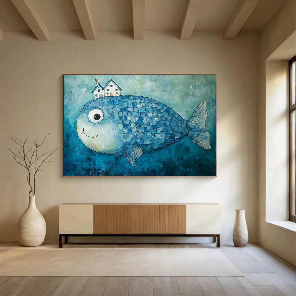 “House - Topped Blue Fish” - Blue fish, white houses, Whimsical Painting On Canvas HB0576