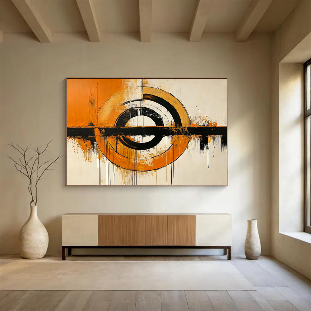 “Orange, Black, and White Abstract Circles” - Orange, black, white; Abstract circles with drips; Acrylic Painting On Canvas HB1224