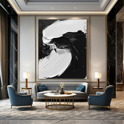Contemporary hand-painted abstract artwork features flowing black and white oil paint, evoking powerful sea waves and mythical creatures. DLZ1549