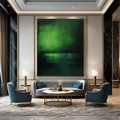 Contemporary hand-painted abstract artwork capturing serene deep greens and blues of the sea, evoking tranquility and minimalist beauty. DLZ1243