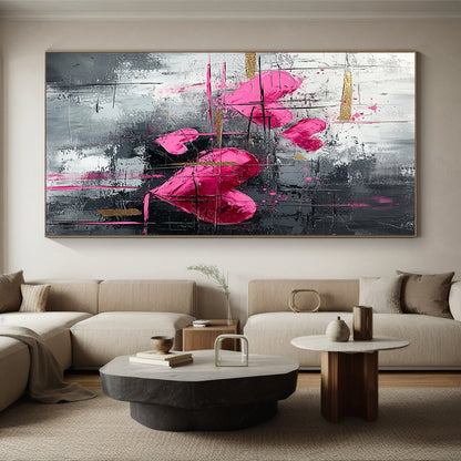 Pink Hearts, Gray Background & Gold Accents - “Elegant Romantic Fusion” Painting On Canvas HB213