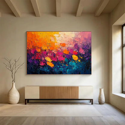 “Blossom Burst” - Vivid oranges, pinks, purples, blue - greens; Thick - textured flower fields; Impasto Landscape Painting On Canvas HB1146