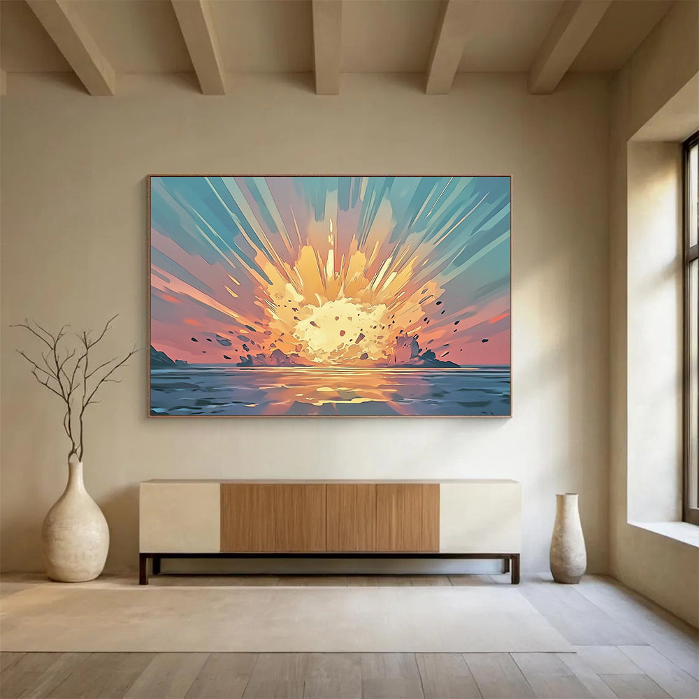 “Explosive Coastal Sunset” - Orange, Blue, Dynamic Coastal Explosion Painting On Canvas HB0891