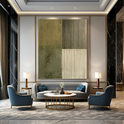 Contemporary hand-painted abstract artwork featuring contrasting smooth concrete and textured olive green lines, enhancing visual depth and intrigue. DLZ1490