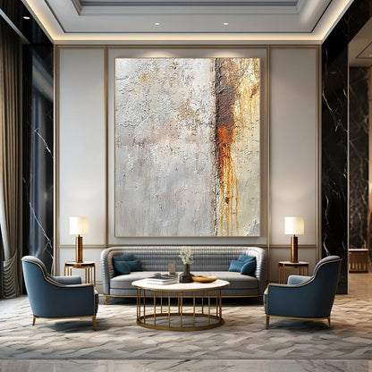 Contemporary large hand-painted abstract artwork showcasing detailed textures of concrete and rust in neutral colors inspired by Sargent and Sturgis. DLZ1506