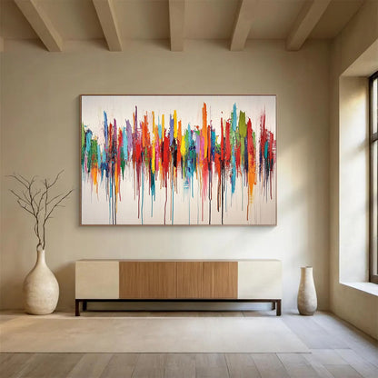 “Colorful Dripping Melody” - Rainbow hues; Vertical colorful drips on a white background; Drip - style Acrylic Painting On Canvas HB1197