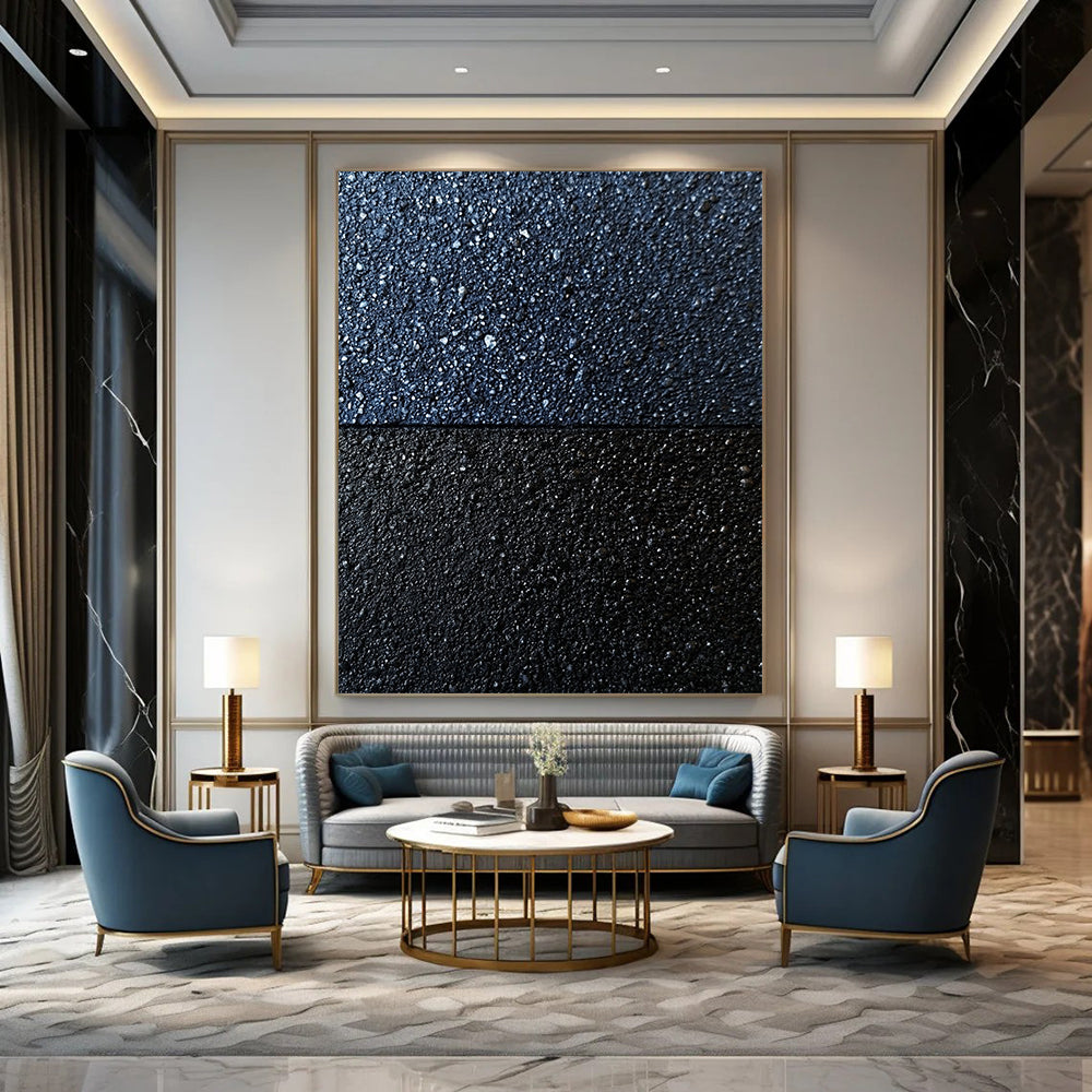 Contemporary abstract art featuring ultra-detailed asphalt textures in dark blue and gray, highlighting depth and contrast in a unique artistic expression. DLZ1201