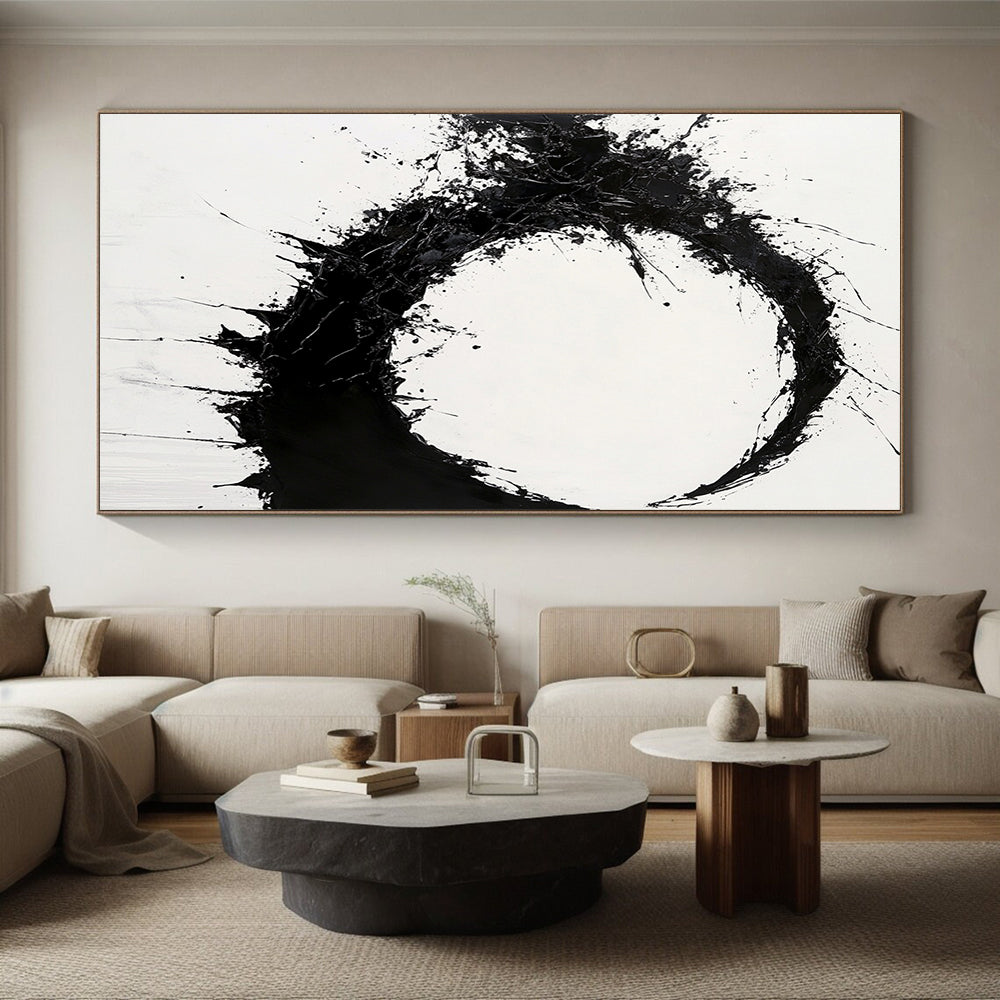 Black Splattered Circular Ink - “Dynamic Enso Energy” Painting On Canvas HB231