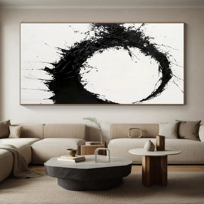 Black Splattered Circular Ink - “Dynamic Enso Energy” Painting On Canvas HB231