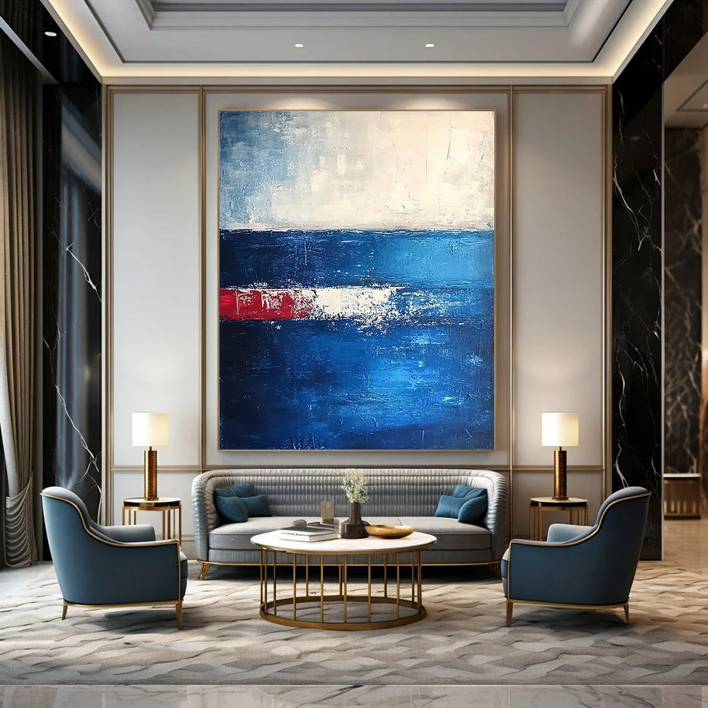Modern abstract artwork featuring deep blues and dark grays with thick textured brushstrokes creating an atmospheric horizon in a serene minimalist composition. DLZ0365