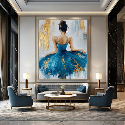 Contemporary abstract artwork featuring a ballerina in a blue dress adorned with gold leaf on textured white canvas background. DLZ0466
