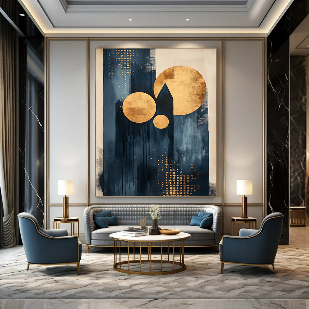 Contemporary abstract artwork featuring dots and lines with black ink light indigo tones and gold accents on canvas texture. DLZ0854