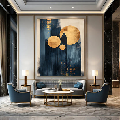Contemporary abstract artwork featuring dots and lines with black ink light indigo tones and gold accents on canvas texture. DLZ0854