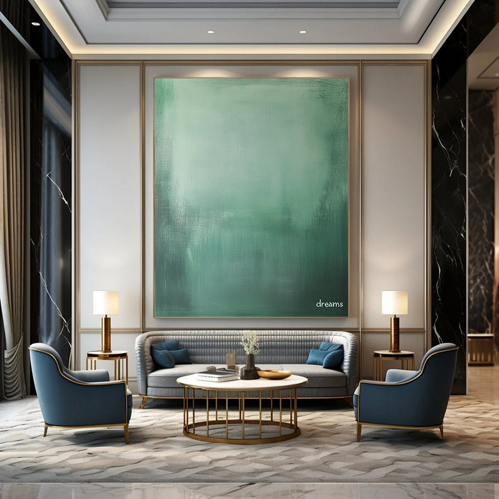 Contemporary abstract art features a tranquil green and grey gradient with the word dreams in white, perfect for evoking nostalgia and solitude in photography. DLZ1283