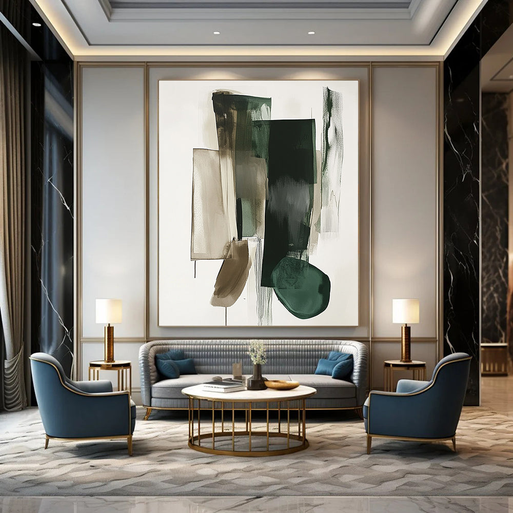 Abstract contemporary hand-painted artwork showcases geometric shapes in green and gray on a white background with a striking vertical line dividing the composition. DLZ0873