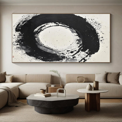 Black and White Splattered Circle "Cosmic Enso" Painting On Canvas HB280