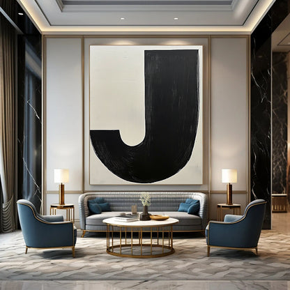 Contemporary hand-painted abstract art featuring bold black and white contrasts with a prominent beige J and a dark grey organic form. DLZ1342