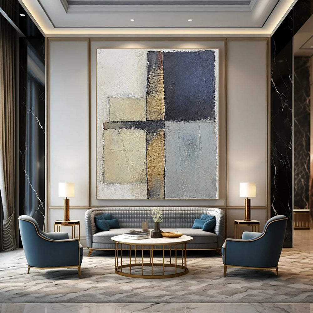 Contemporary abstract painting featuring textured gray and blue squares with serene beige tones on canvas creating a calm and balanced atmosphere. DLZ0983