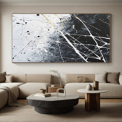 Black, White, Gray, Gold, Splattered Web "Golden Entanglement" Abstract Expressionist Painting On Canvas HB063