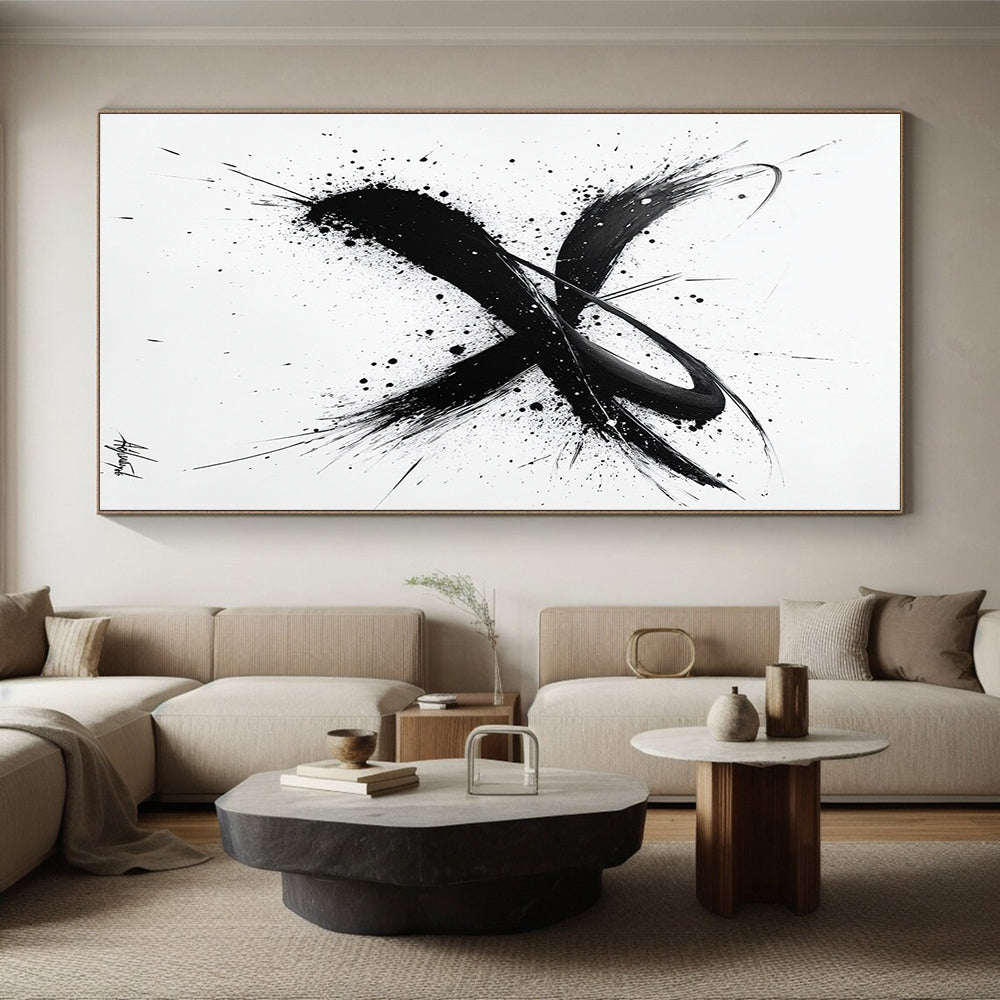 Black Brush Strokes & Splatters on White - “Dynamic Ink Energy” Painting On Canvas HB214