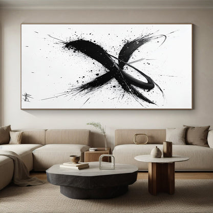 Black Brush Strokes & Splatters on White - “Dynamic Ink Energy” Painting On Canvas HB214
