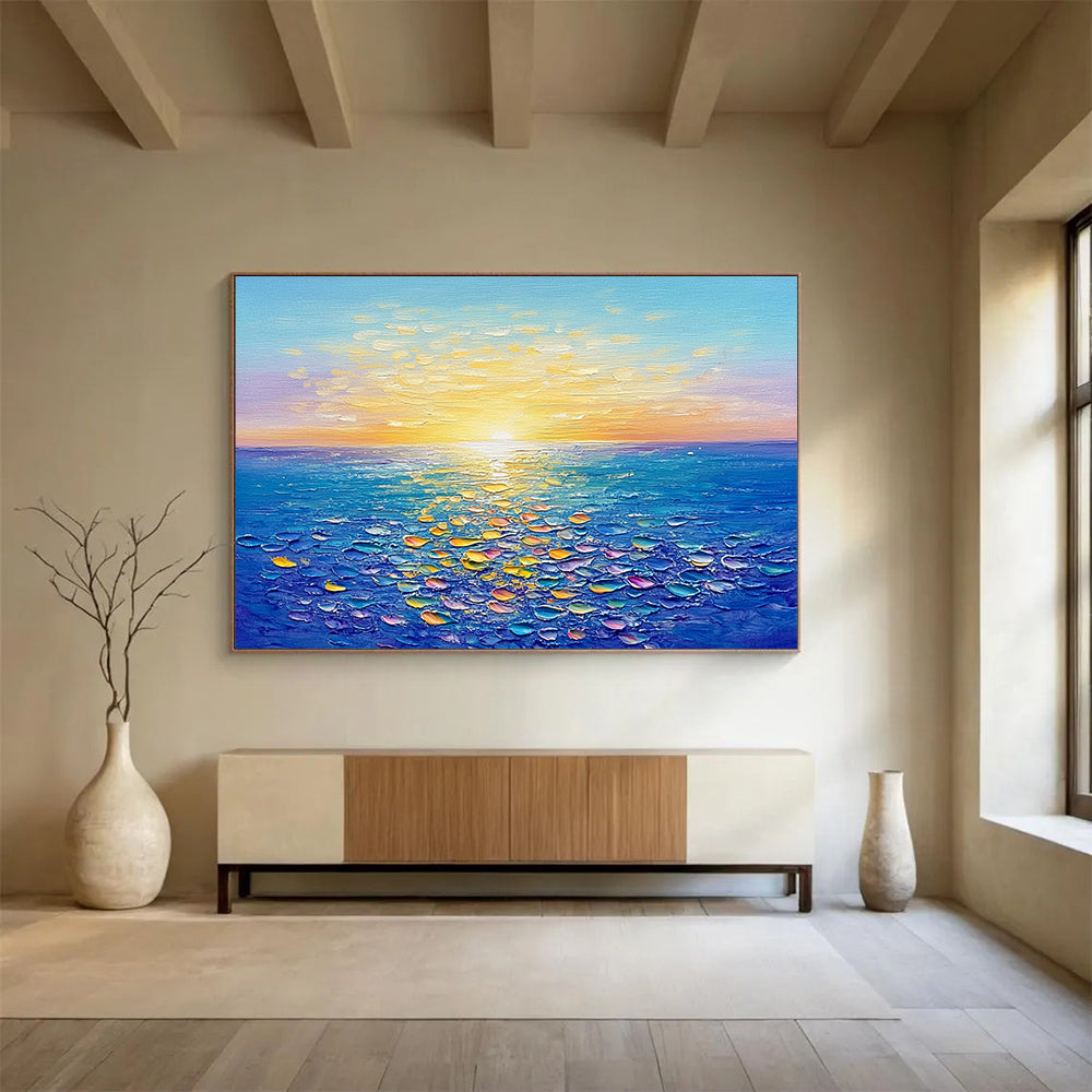 Sunlit Sea with Colorful Textured Reflections - Impasto Seaside Painting On Canvas HB0438