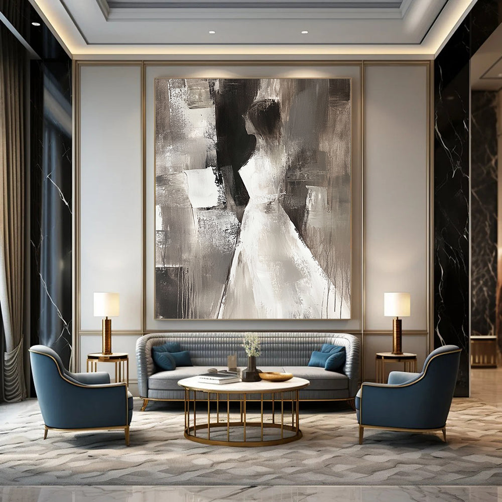 Contemporary abstract painting featuring a female figure in neutral tones, elegant brush strokes, and a mysterious atmosphere against a dark background. DLZ0668