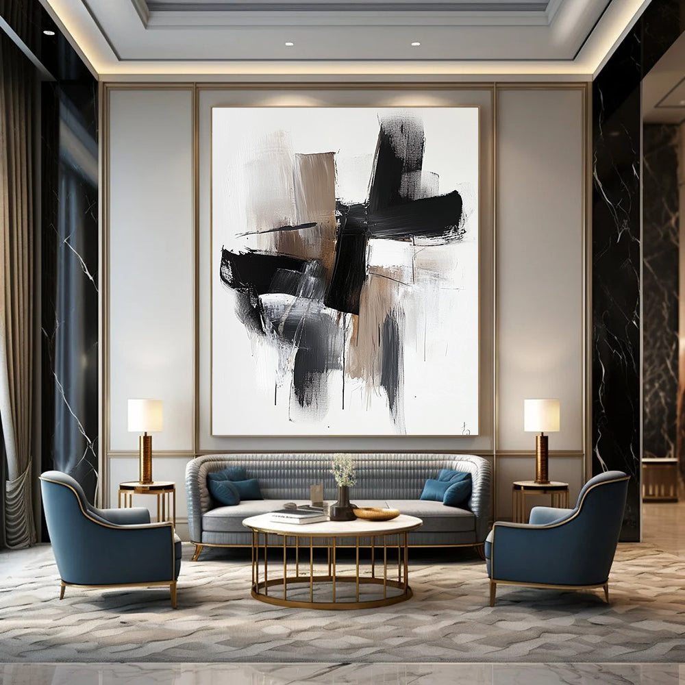 Contemporary hand-painted abstract art features bold black shapes with brown tones and white highlights on a minimalist background for a striking visual impact. DLZ0315