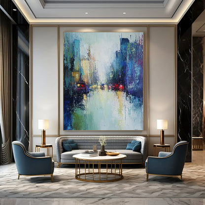 Contemporary hand-painted abstract art featuring a misty cityscape in soft greens and blues, enhanced by loose brushwork for an atmospheric effect. DLZ0604