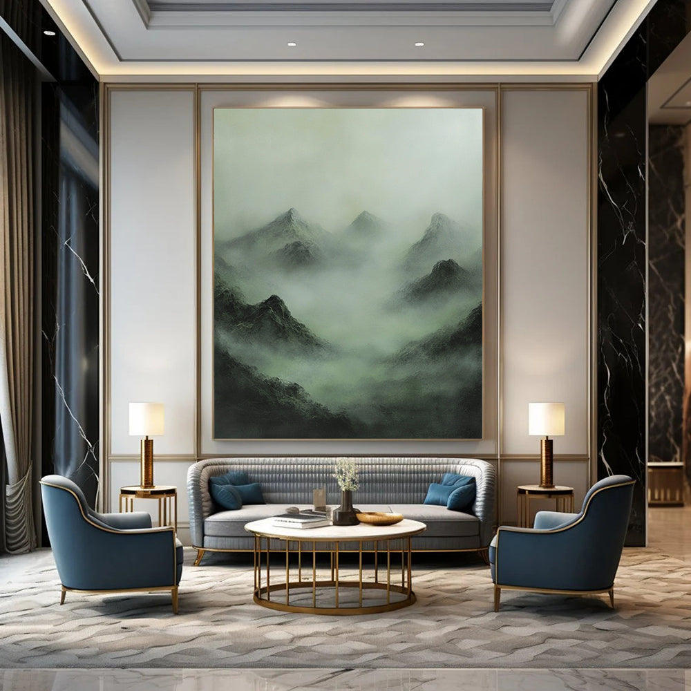 Contemporary abstract painting featuring a misty mountain range in muted greens and grays, evoking enigmatic Chinese mythology and a sense of mystery. DLZ1365
