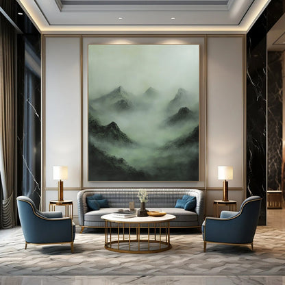 Contemporary abstract painting featuring a misty mountain range in muted greens and grays, evoking enigmatic Chinese mythology and a sense of mystery. DLZ1365