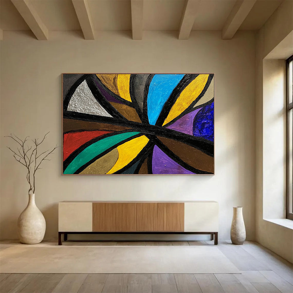 Colorful Geometric Abstract with Black Lines - Cubist - Inspired Painting On Canvas HB0495