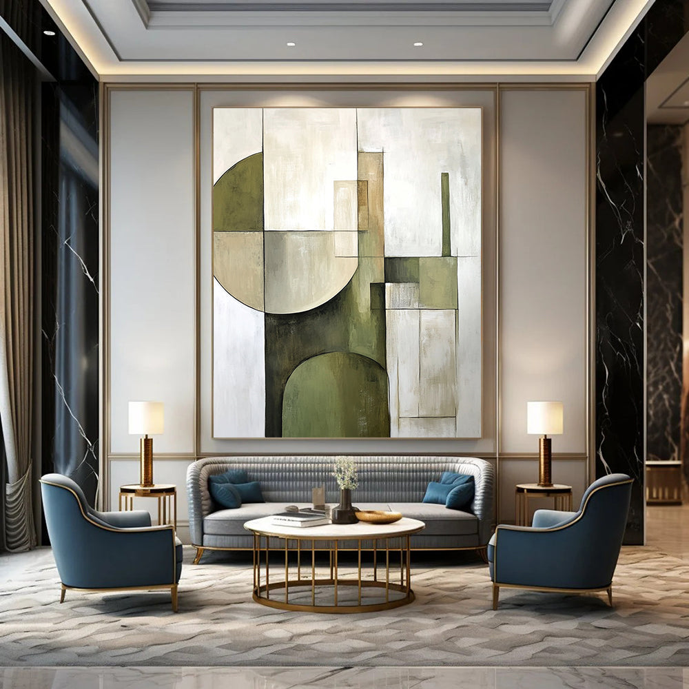 Large contemporary hand-painted abstract artwork featuring soft sage green and beige geometric shapes on a white background for modern decor enthusiasts. DLZ1059