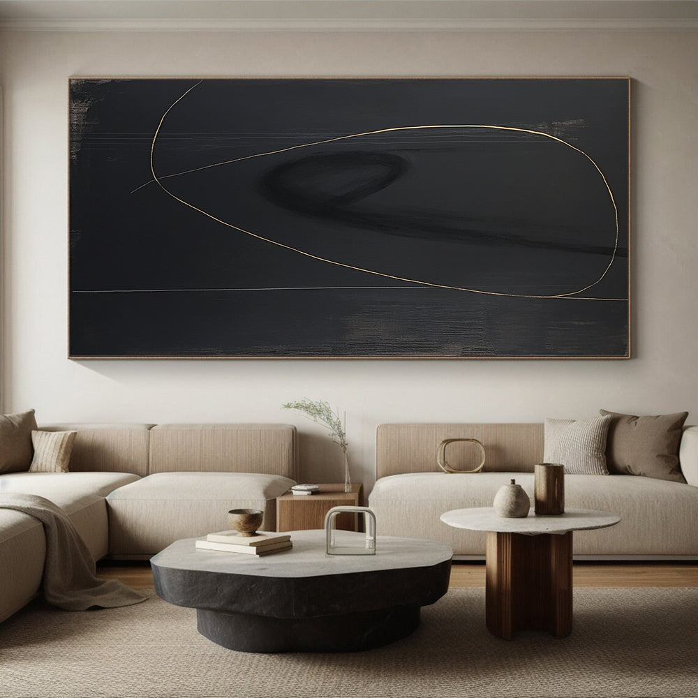 Black, Gold, Minimalist Curves "Midnight Gold Swirl" Abstract Minimalist Painting On Canvas HB112
