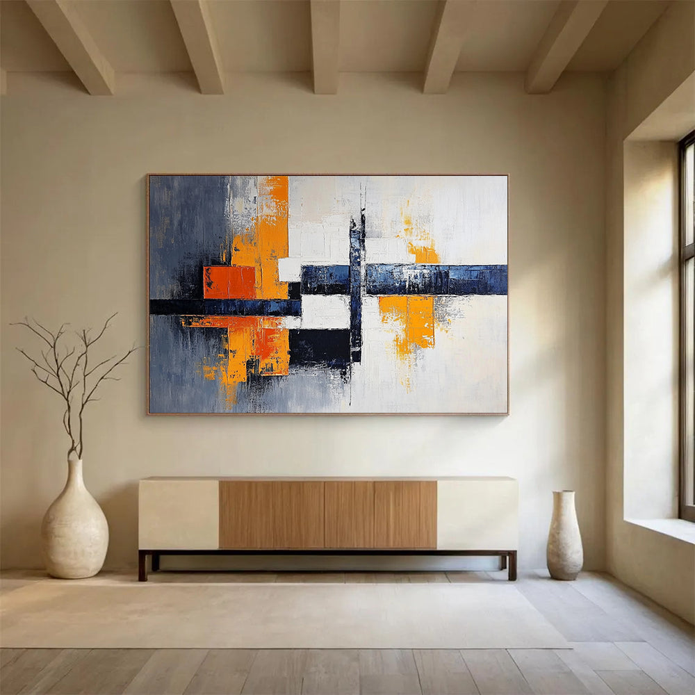 “Vibrant Crossroads” - Orange, Blue, Gray, Geometric Abstract Painting On Canvas HB1040