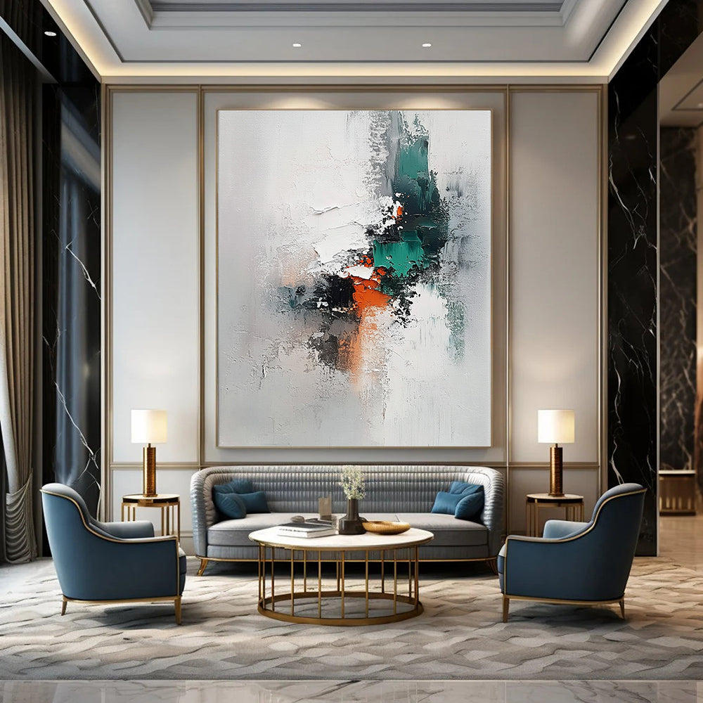 Contemporary hand-painted abstract art on canvas features thick brushstrokes in neutral tones with accents of grey teal and orange against a white background. DLZ1645