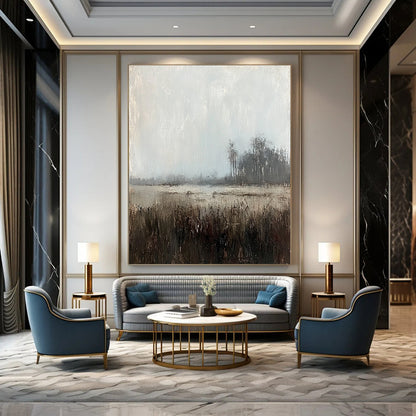 Large contemporary abstract painting featuring muted tones of gray sky and distant trees creating a misty grassland scene with soft lighting and brushstrokes. DLZ0409