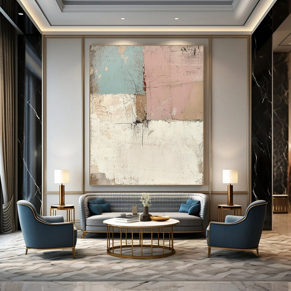 Contemporary hand-painted abstract art featuring a vintage wall effect with distressed pastel tones creating a unique textured visual experience. DLZ1501