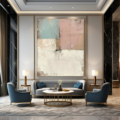 Contemporary hand-painted abstract art featuring a vintage wall effect with distressed pastel tones creating a unique textured visual experience. DLZ1501