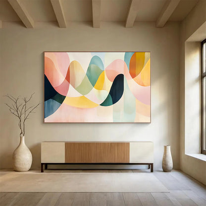 “Colorful Wavy Shapes” - Pastel pink, green, yellow, Abstract Geometric Painting HB0629