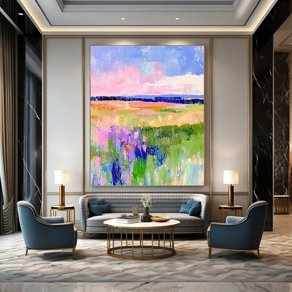 Vibrant contemporary hand-painted abstract artwork featuring pastel fields of green and pink with dreamy skies in blue and purple tones. DLZ1284
