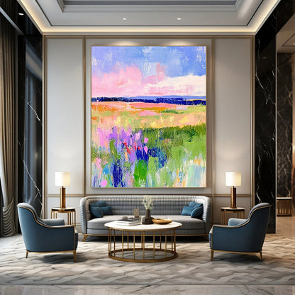 Vibrant contemporary hand-painted abstract artwork featuring pastel fields of green and pink with dreamy skies in blue and purple tones. DLZ1284
