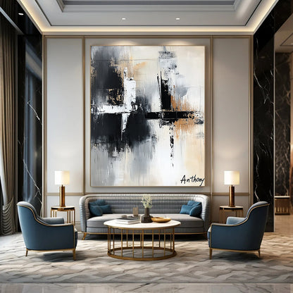 Contemporary abstract art features the word Anthony in white black and grey with bold brush strokes and layered textures creating depth and elegance. DLZ1422