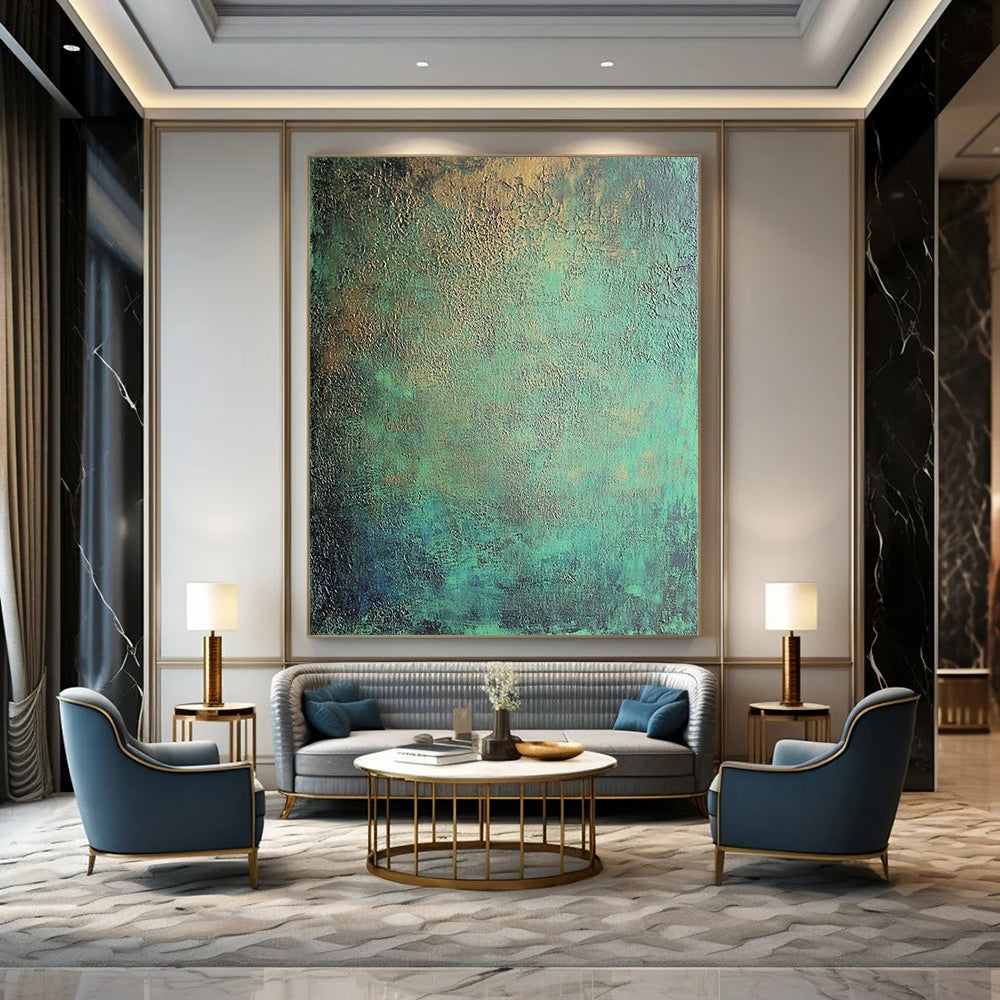 Contemporary hand-painted abstract art features intricate textures of dark green and blue tones with metallic sheen and subtle red accents. DLZ1167